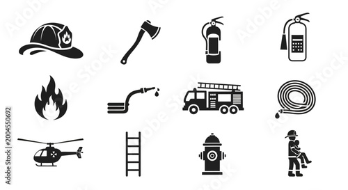 Foto Set of firefighting equipment and emergency rescue icons on white background