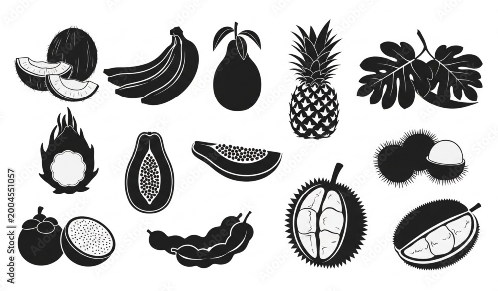 Fototapeta premium Exotic Tropical Fruits Black Silhouette Bundle in Modern Minimal Flat Vector Style