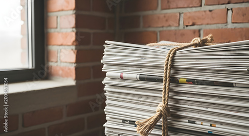 Bundle of folded newspapers tied with rope indoors