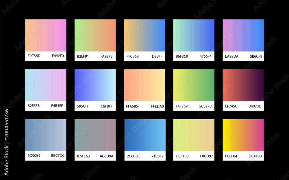 Fototapeta premium Color gradient palette collection with smooth transitions and hex color codes on dark background grid layout