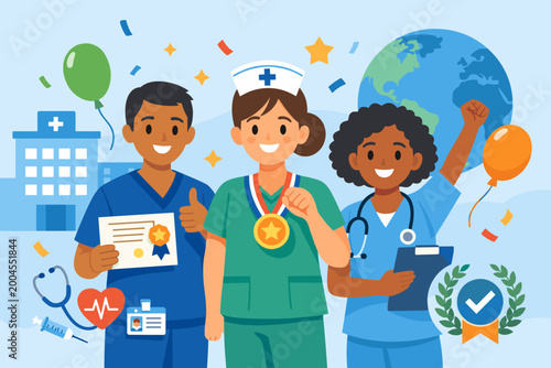 Certified Nurses Day celebration vector illustration featuring diverse medical professionals, male and female nurses with medals and certificates, hospital, globe, confetti, and medical icons.