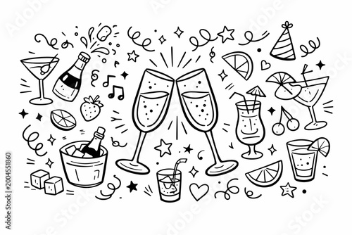 Hand-drawn doodle illustration of a champagne toast with clinking flutes, various cocktail glasses, wine bottles, ice bucket, fruit garnishes, and festive confetti for party and event celebrations.