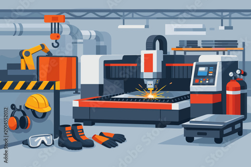Industrial Manufacturing Facility with CNC Laser Cutting Machine Processing Metal Sheets with Sparks, Featuring Safety Equipment Like Hard Hat, Goggles, and Gloves in a Flat Vector Illustration