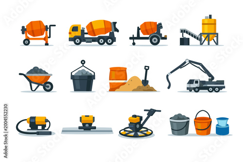 Comprehensive collection of flat vector icons for concrete construction equipment featuring cement mixer trucks, portable mixers, concrete pumps, wheelbarrows, silos, and industrial power tools.