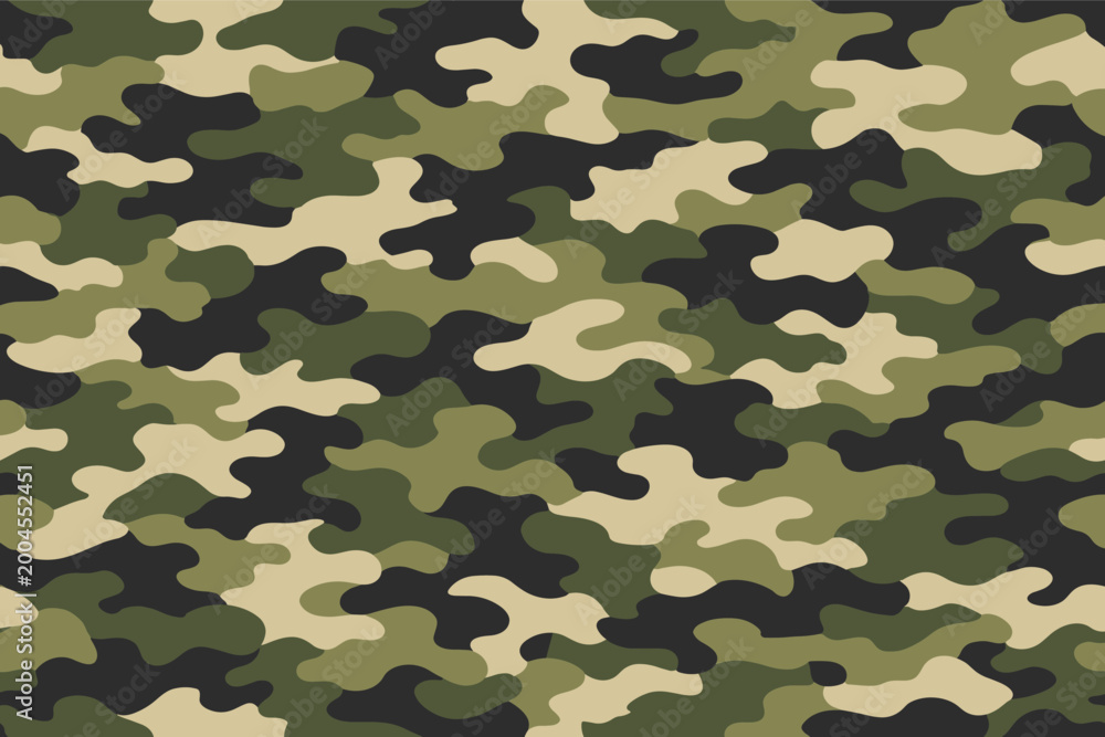 Fototapeta premium Seamless Military Camouflage Pattern Background, Abstract Modern Forest Camo Texture with Green, Black, and Tan Colors, Flat Vector Illustration for Army Uniform, Hunting Gear, and Textile Design