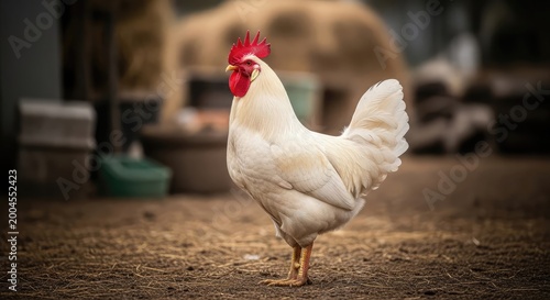 White rooster standing in a farmyard with blurred background