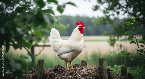 White rooster standing proudly on a wooden fence in a rural setting