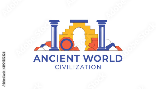 Bild auf Leinwand Abstract ancient world civilization logo design with blue columns and yellow sto
