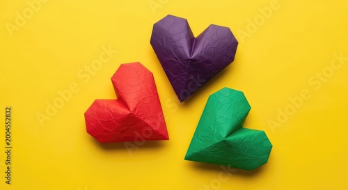 Colorful origami hearts on a vibrant yellow background