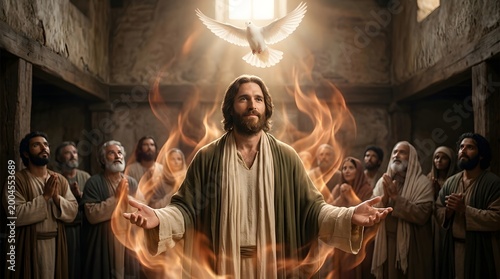 Jesus Christ standing among apostles with Holy Spirit descending as white dove. Pentecost miracle scene with flames surrounding followers. Biblical event from New Testament for worship.