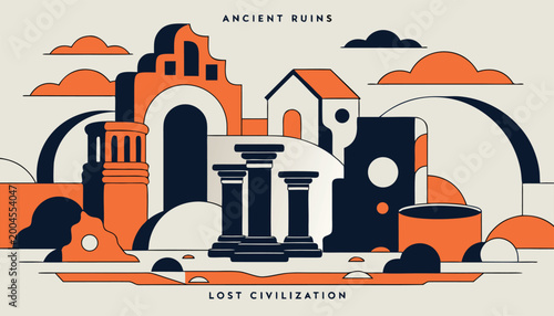 Tableau sur toile Ancient ruins lost civilization, minimalist landscape with historical buildings