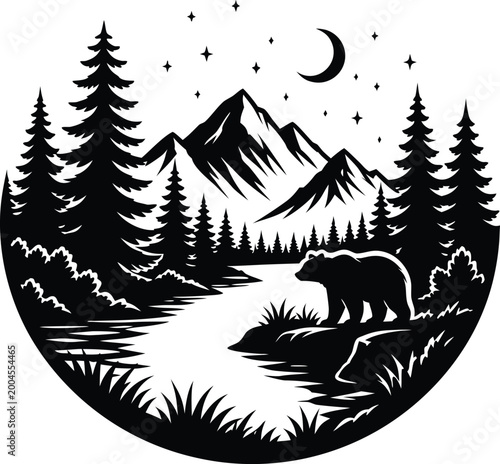 silhouette bear fishing under full moon in snowy mountain forest night scene