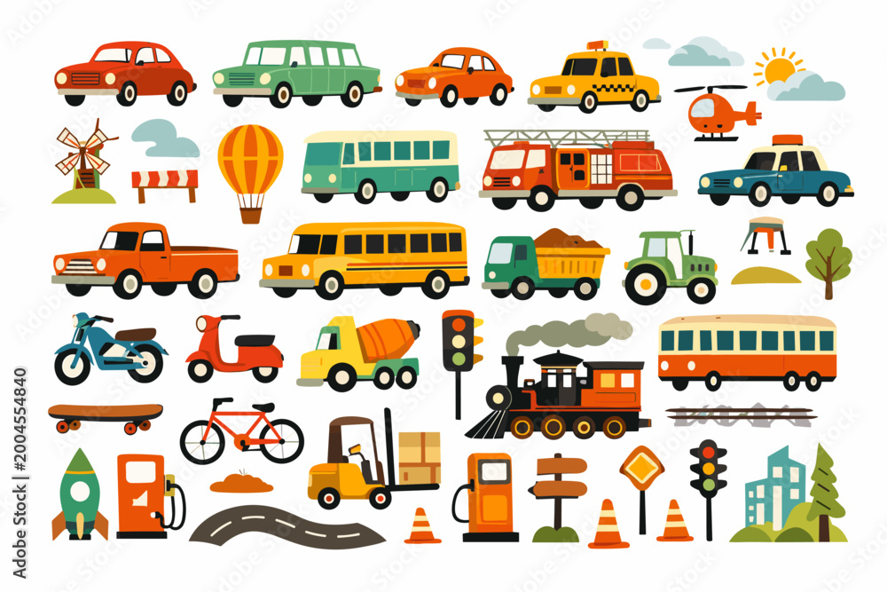 Naklejka premium Retrofuturistic Mid-Century Transportation Set for Children's Education. Colorful Cartoon Graphics of Automobiles, Locomotives, Aircraft, and Traffic Signals for Juvenile Design Themes.