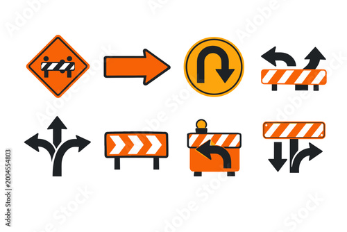 Collection of Road Sign Icons for Detour and Diversion, Traffic Redirection Symbols, Construction Barriers and Directional Arrows, Simple Flat Vector Illustration for Safety and Navigation