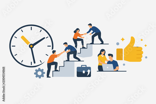 Business Teamwork and Time Management Concept with People Helping Each Other Climb Stairs, Large Clock, Gear, and Thumbs Up Icon for Productivity, Success, Collaboration, and Career Growth.