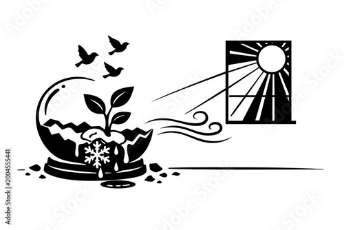Minimalist black and white vector art of a broken snow globe with a growing plant and melting snow, birds flying out towards a sunny window, conceptual symbol of spring arrival and rebirth.