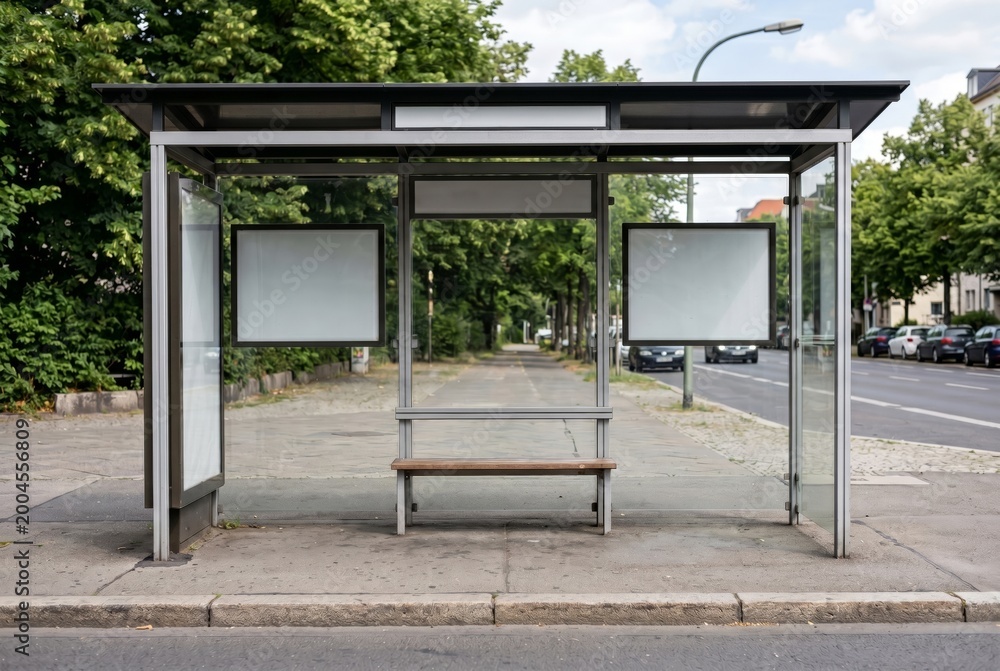 Fototapeta premium A bus stop with protective glass to protect it from wind and rain. A front view of the new public transport stop, empty of people