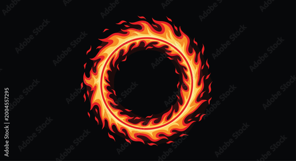 Fototapeta premium Intense ring of fire with glowing orange and yellow flames swirling against a solid black background creating a powerful dramatic effect.