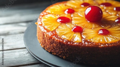 Close up shot of a delicious pineapple upside down cake