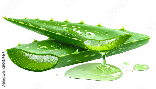 Two sliced green succulent leaves with dripping gel, clear drops, and dark background