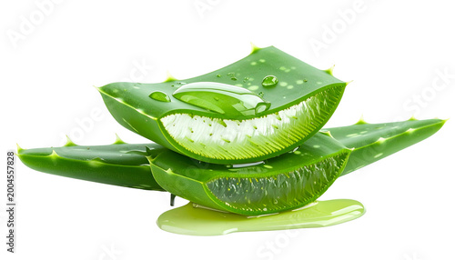 Close-up of sliced aloe vera leaves, showing the pulpy inner gel with water droplets