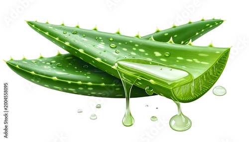 Realistic digital rendering of aloe vera leaves with dripping gel on black