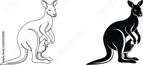 Tableau sur toile Kangaroo mother and joey in pouch illustration set in line art and black silhouette art