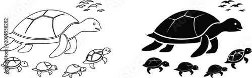 Fotografía Mother sea turtle swimming with baby hatchlings in ocean vector art and silhouette icons