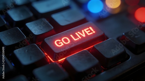 Bright red neon go live text glows on a modern computer keyboard key to start a digital streaming broadcast event
