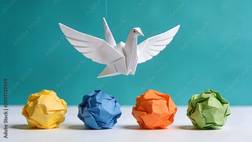 Naklejka premium A delicate white origami paper crane gracefully soars above a row of colorful crumpled paper balls, symbolizing transformation and creative potential.