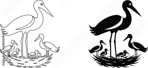 Photos Stork standing in nest with small hatchlings vector illustration in line and solid style