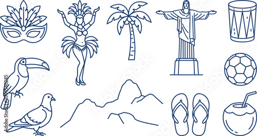 Brazil and Rio de Janeiro Icons Set with Carnival Mask, Samba Dancer, Christ the Redeemer, Palm Tree, Football, and Tropical Symbols for Vector Design