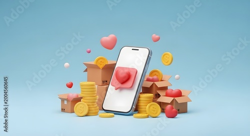 3D illustration Smartphone with social media heart, golden coins, and gift boxes, symbolizing online shopping rewards and digital success