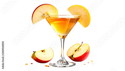 Martini-style cocktail with apple slices as garnish, on black background