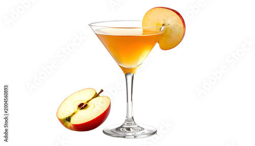 A cocktail in a stemmed glass with an apple slice garnish and a cut apple