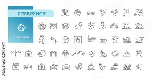 Emergency and Disaster Icons Set. Rescue, Warning, Fire, Flood Line Icons