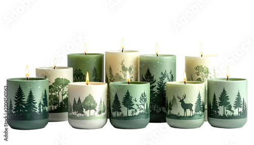 Lit green and cream candles with nature scenes arranged against black backdrop