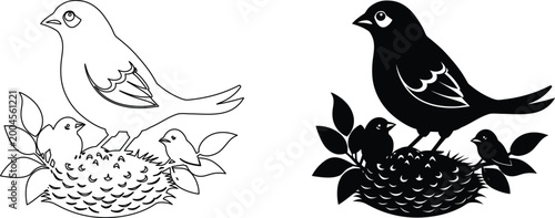 Fotografía Bird sitting in nest with small hatchlings vector illustration in line and solid styles