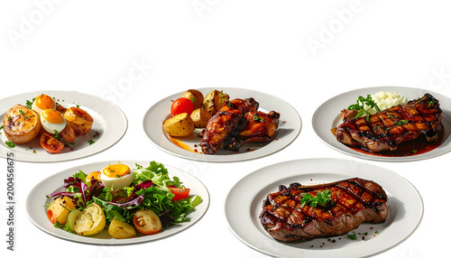 Five plates of grilled foods, including steak, chicken, potatoes, and salad