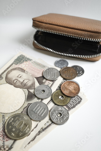 Open Wallet with Yen Banknote and Coins Finance Concept