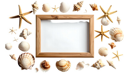 Wooden frame surrounded by various seashells and starfish against a black backdrop