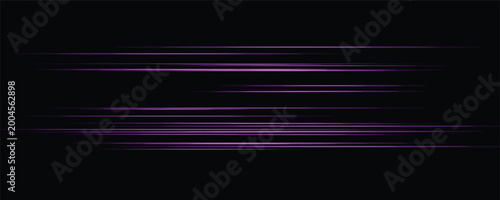 Vibrant purple neon horizontal speed lines isolated on dark background, abstract futuristic motion blur effect vector