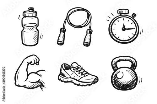 Hand Drawn Fitness Training Sketch Icon Collection in Black. Set of Water Bottle, Jump Rope, Stopwatch, Muscle Arm Bicep, Running Shoe Sneaker, and Kettlebell for Gym Workout and Exercise Design.