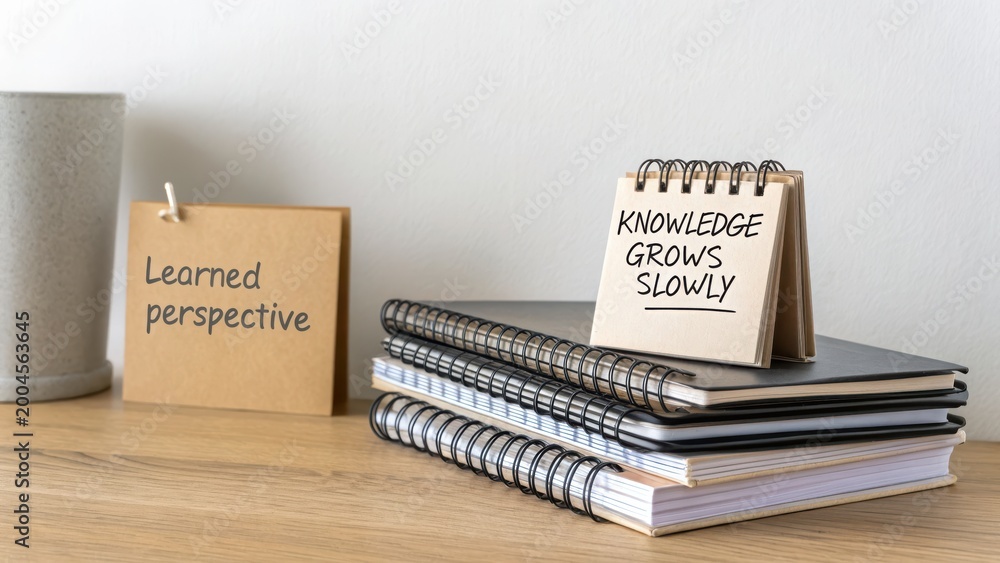 Naklejka premium Stack of Notebooks on Desk with Motivational Knowledge Text