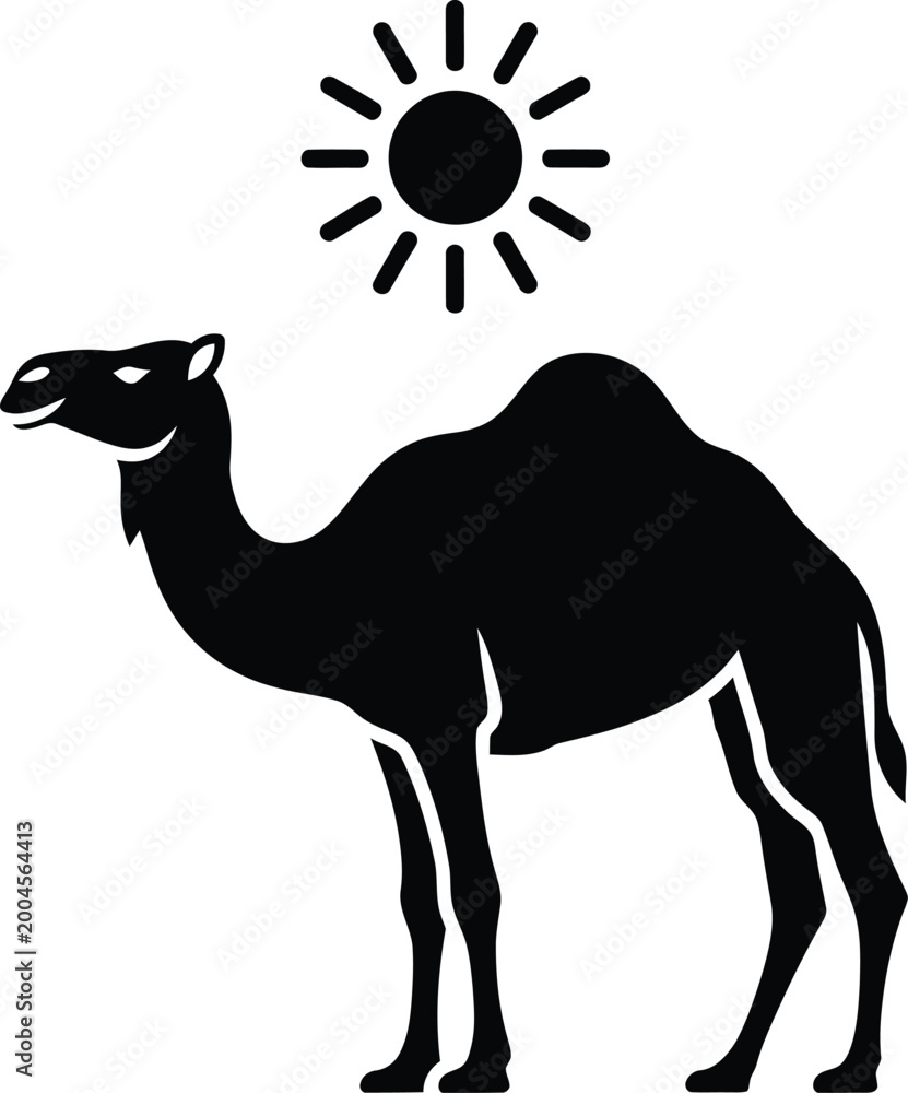 Fototapeta premium Camel silhouette under bright sun rays illustration