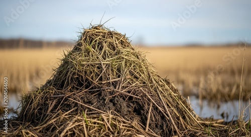 Large bird's nest constructed from twigs and branches in a field
