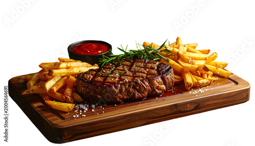 Grilled steak with fries and ketchup on wooden board, garnished with rosemary