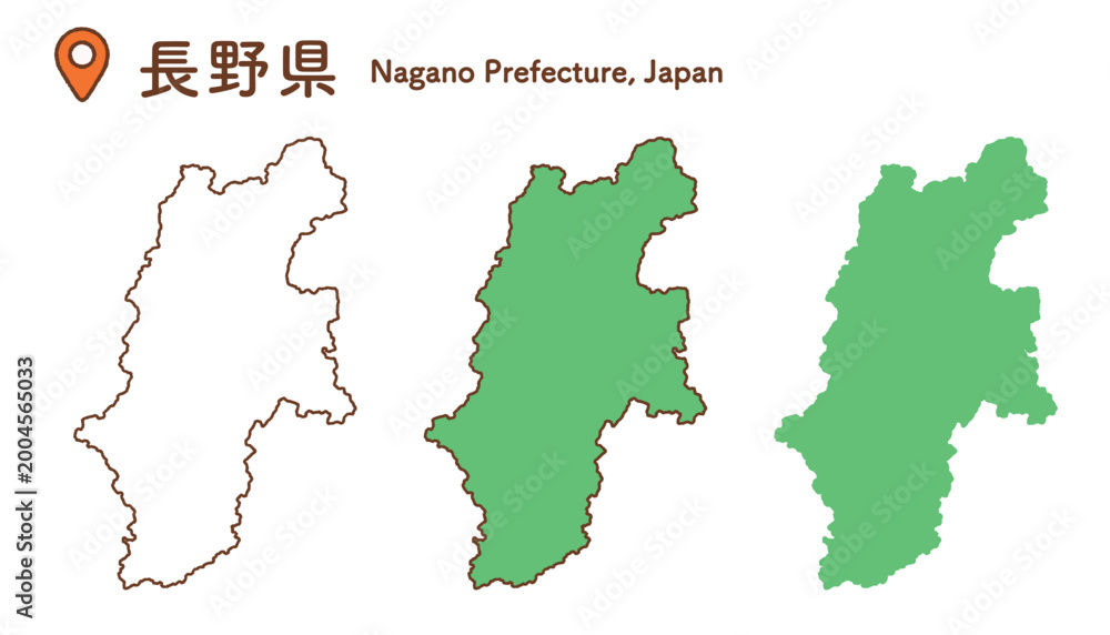 Fototapeta premium 長野県の地図イラストセット|日本地図・都道府県・中部地方