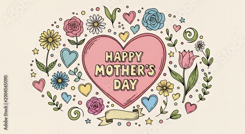 Colorful happy mothers day heart with flowers and hearts on cream background