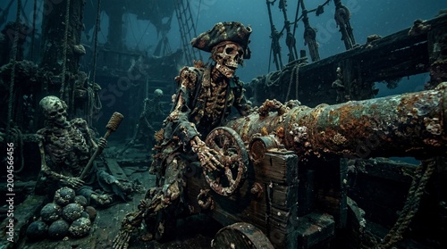 Underwater Skeletons of a Ghost Ship's Pirate Crew manning a Cannon
